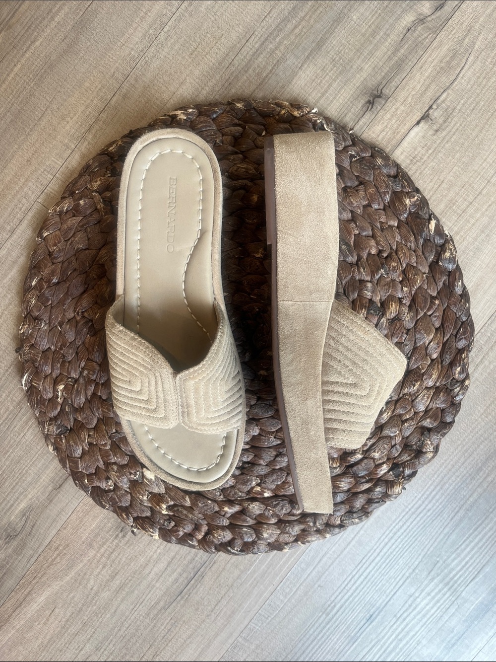 Bernardo Quilted Suede Leather Platform Slide Sandals in Taupe Size 7.5